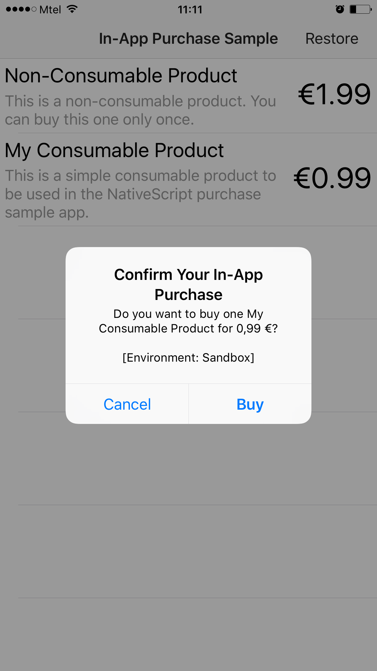 Device Sandbox In-App Purchase Confirm