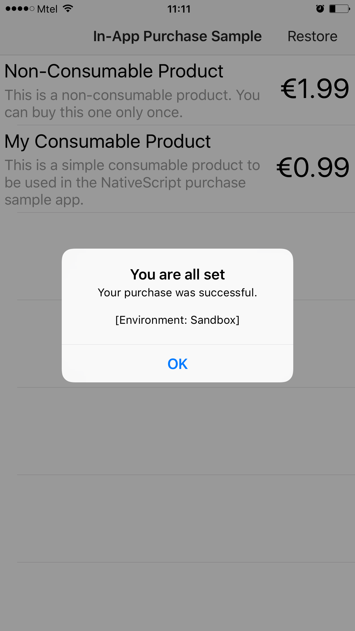 Device Sandbox In-App Purchase Success